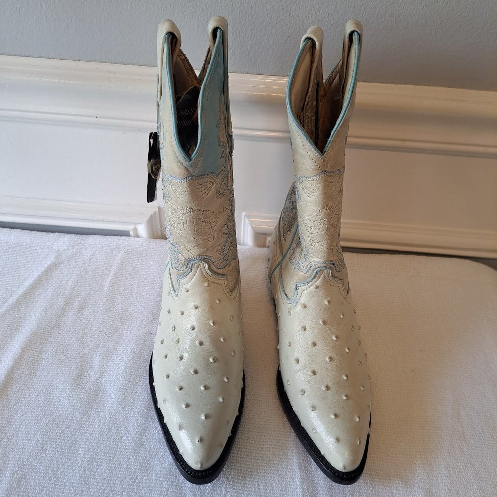 Mens Ostrich Imitation Western Rodeo Leather Boots white and Blue Size 3.5‎